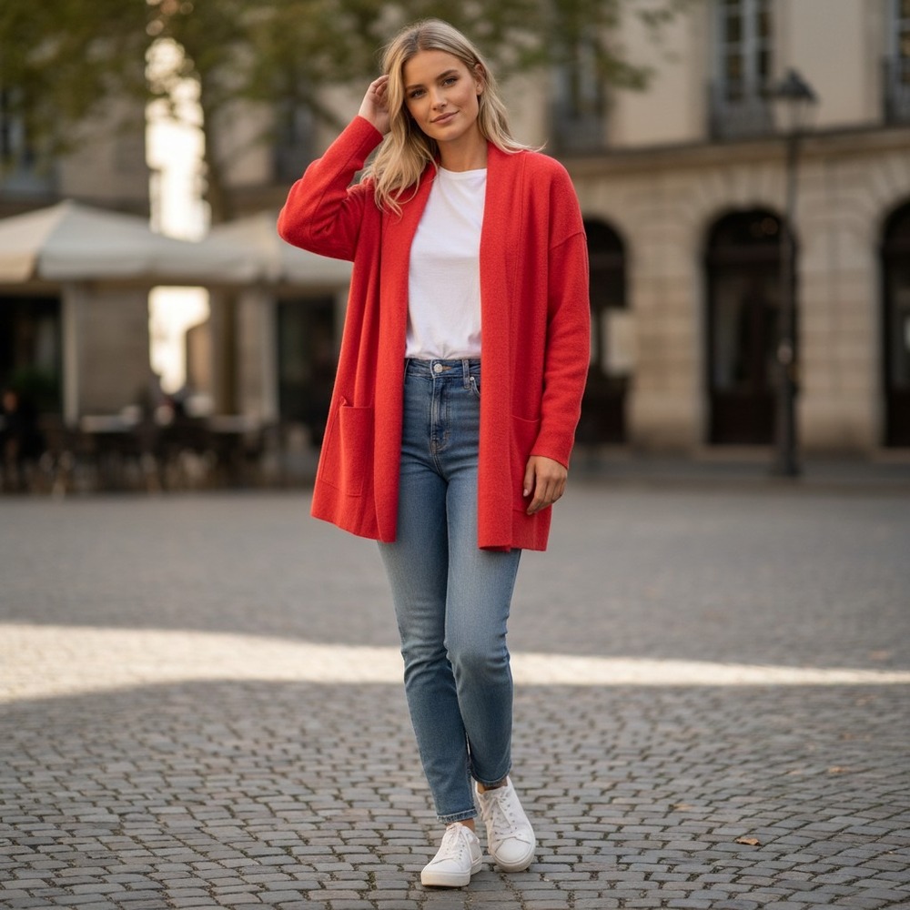 ileen Fisher Red Wool Open Front Cardigan Sweater PM Shawl Collar Cozy Timeless